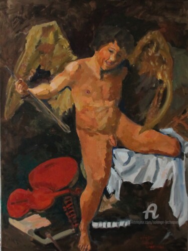 Painting titled "L'Amour Vainqueur d…" by Chéker, Original Artwork, Oil Mounted on Wood Stretcher frame
