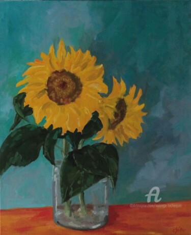 Painting titled "Les Tournesols" by Chéker, Original Artwork, Oil Mounted on Wood Stretcher frame