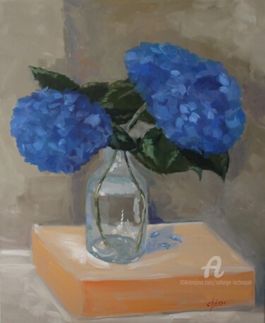 Painting titled "Les Hortensias bleu…" by Chéker, Original Artwork, Oil Mounted on Wood Stretcher frame
