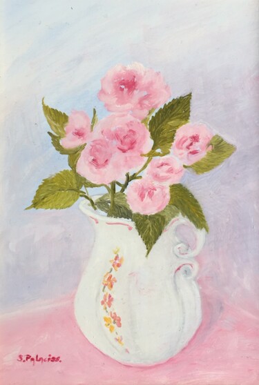 Peinture intitulée "Roses louis de Funes" par Solange Palacios Dupont, Œuvre d'art originale, Huile Monté sur Châssis en bois
