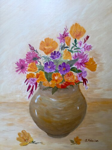 "Bouquet de fleurs du jardin dans le pot en grès" Peinture intitulée ""Bouquet de fleurs…" par Solange Palacios Dupont, Œuvre d'art originale, Huile Monté sur Panneau de bois