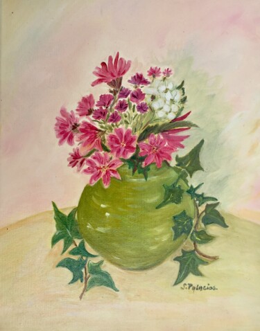 Painting titled ""Bouquet de fleurs…" by Solange Palacios Dupont, Original Artwork, Oil Mounted on Wood Stretcher frame