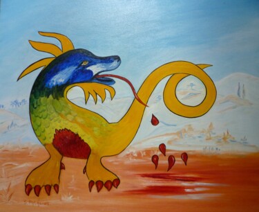 Painting titled "Le Dragon" by Solange Palacios Dupont, Original Artwork, Oil Mounted on Wood Stretcher frame