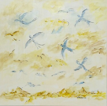 Painting titled "Les oiseaux, messag…" by Solange Palacios Dupont, Original Artwork, Oil Mounted on Wood Stretcher frame