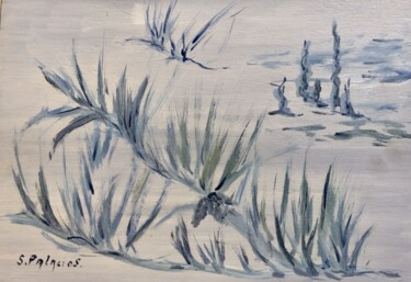 Malerei mit dem Titel "Le pin bleu" von Solange Palacios Dupont, Original-Kunstwerk, Öl Auf Holzplatte montiert