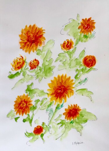 Painting titled "" les chrysanthèmes"" by Solange Palacios Dupont, Original Artwork, Tempera Mounted on Glass