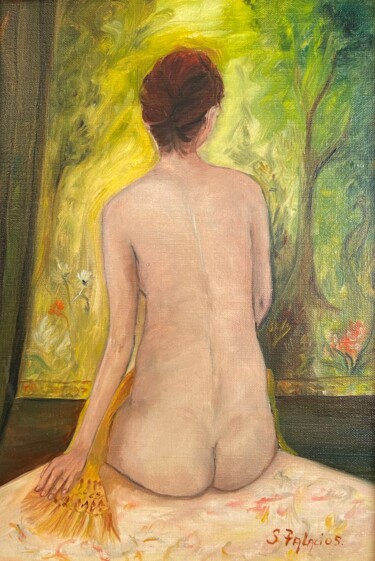 Painting titled "Virginie de dos dev…" by Solange Palacios Dupont, Original Artwork, Oil Mounted on Wood Stretcher frame