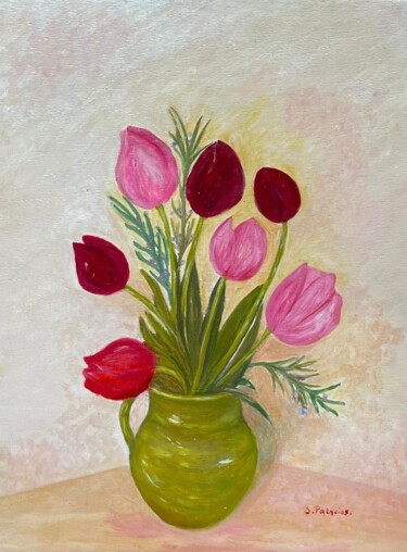 Painting titled "Bouquet de Tulipes" by Solange Palacios Dupont, Original Artwork, Oil Mounted on Wood Panel