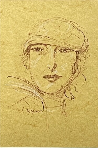 「La femme au béret」というタイトルの絵画 Solange Palacios Dupontによって, オリジナルのアートワーク, インク ガラスにマウント