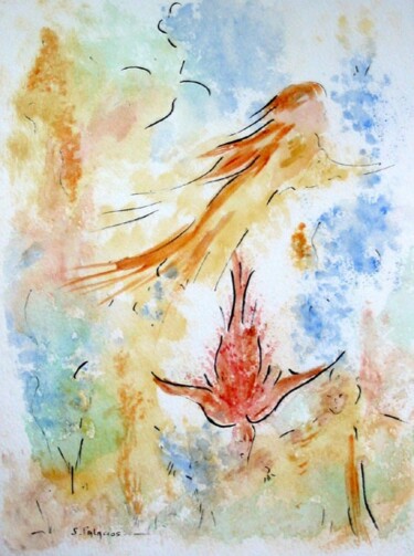 Peinture intitulée "Oiseau fleur oiseau…" par Solange Palacios Dupont, Œuvre d'art originale, Huile