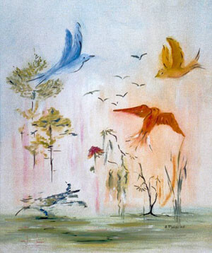 Painting titled "les 3 oiseaux sur l…" by Solange Palacios Dupont, Original Artwork, Oil Mounted on Wood Stretcher frame