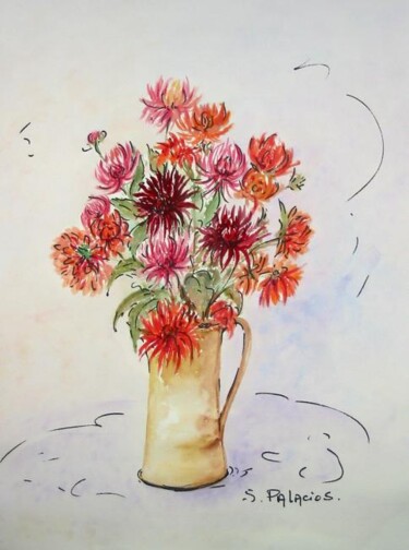 Peinture intitulée "Bouquet de dahlias…" par Solange Palacios Dupont, Œuvre d'art originale
