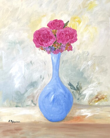 Peinture intitulée "Pivoines au vase bl…" par Solange Palacios Dupont, Œuvre d'art originale