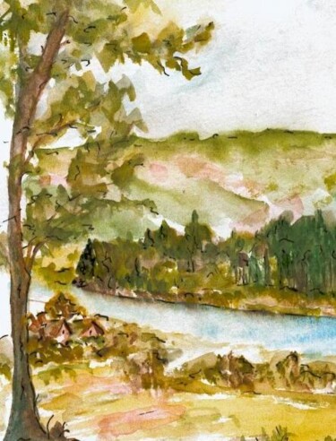 Painting titled "" Paysage d' Alsace"" by Solange Palacios Dupont, Original Artwork, Watercolor Mounted on Other rigid panel