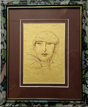 Dibujo titulada "femme au béret" por Solange Palacios Dupont, Obra de arte original, Tinta Montado en Vidrio