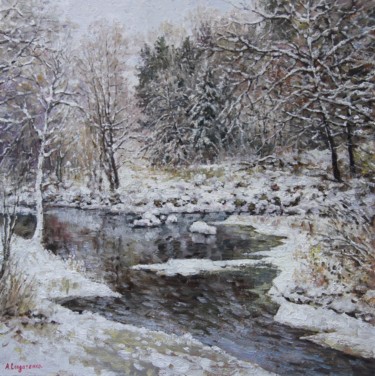 Painting titled "Лесная речка зимой" by Andrey Soldatenko, Original Artwork, Oil