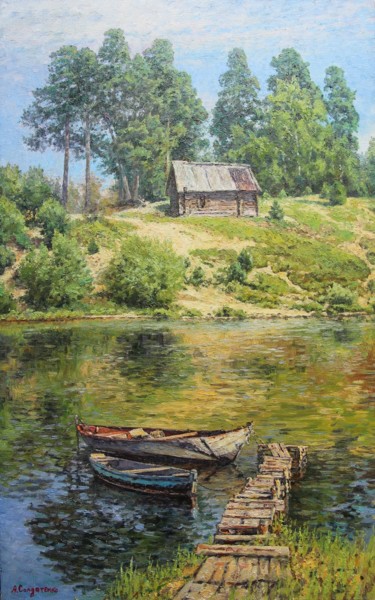 Картина под названием "Летний день. Лодки…" - Andrey Soldatenko, Подлинное произведение искусства, Масло