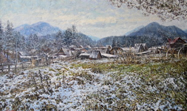 Peinture intitulée "Первый снег в Аскате" par Andrey Soldatenko, Œuvre d'art originale, Huile
