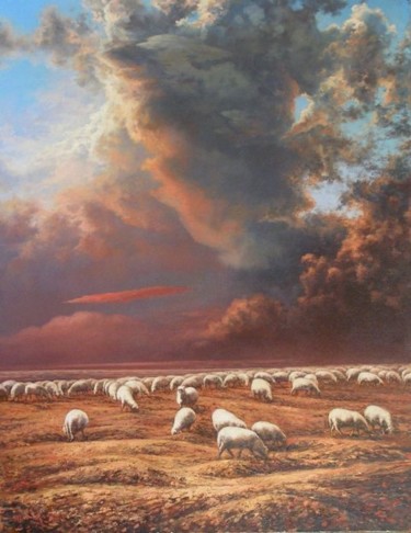Painting titled "Sheep. Alarm" by Andrey Soldatenko, Original Artwork, Oil