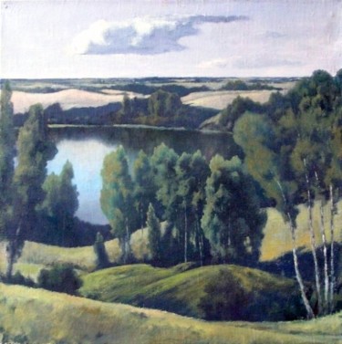 Картина под названием "Landscape with a la…" - Andrey Soldatenko, Подлинное произведение искусства, Масло