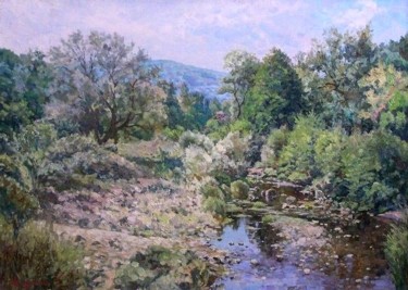 Painting titled "Landscape in the fo…" by Andrey Soldatenko, Original Artwork, Oil