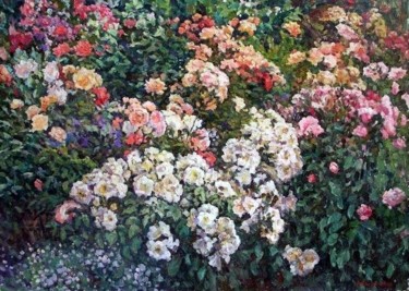 Картина под названием "Roses in the garden" - Andrey Soldatenko, Подлинное произведение искусства, Масло