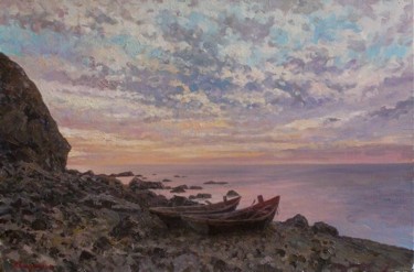 Картина под названием "Boats on the shore" - Andrey Soldatenko, Подлинное произведение искусства, Масло