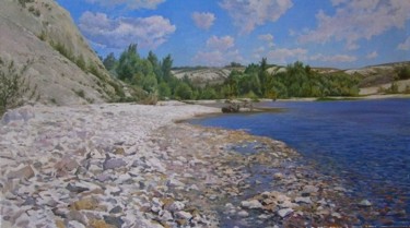 Painting titled "Stones. River. Clou…" by Andrey Soldatenko, Original Artwork, Oil