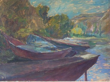 Painting titled "Boats" by Andrey Soldatenko, Original Artwork, Oil
