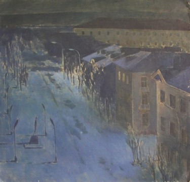 Painting titled "Night street" by Andrey Soldatenko, Original Artwork, Oil