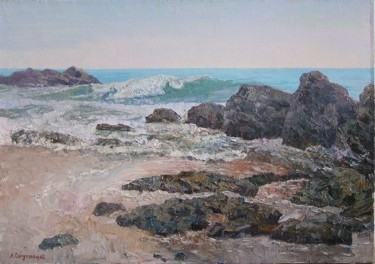 Картина под названием "Stones on the beach" - Andrey Soldatenko, Подлинное произведение искусства, Масло