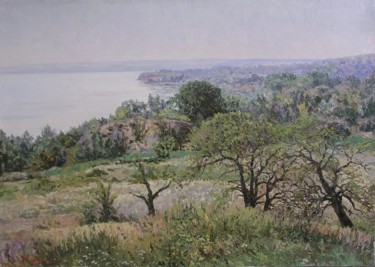 Painting titled "Shore of the Volga.…" by Andrey Soldatenko, Original Artwork, Oil