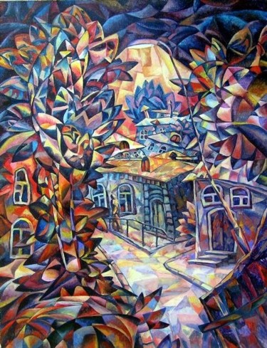 Painting titled "Town street" by Andrey Soldatenko, Original Artwork, Oil