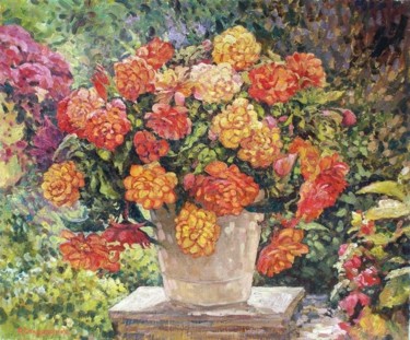 Painting titled "Hot Begonia" by Andrey Soldatenko, Original Artwork, Oil