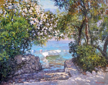 Painting titled "Пейзаж с белой лодк…" by Andrey Soldatenko, Original Artwork, Oil