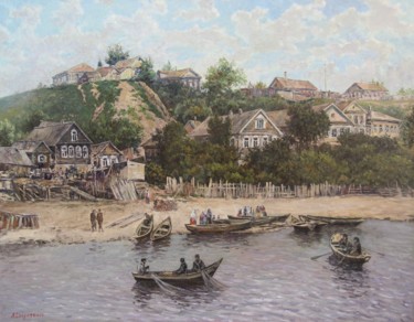 Картина под названием "Деревня на берегу В…" - Andrey Soldatenko, Подлинное произведение искусства, Масло