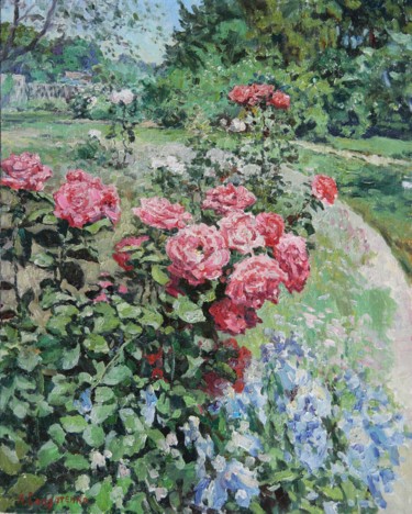 Malerei mit dem Titel "Розы в саду" von Andrey Soldatenko, Original-Kunstwerk, Öl