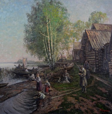 Painting titled "Деревня на волжском…" by Andrey Soldatenko, Original Artwork, Oil