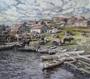 Картина под названием "Деревня на Волжском…" - Andrey Soldatenko, Подлинное произведение искусства, Масло