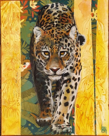 Malerei mit dem Titel "Gare au jaguar" von Solen Simonnet, Original-Kunstwerk, Acryl