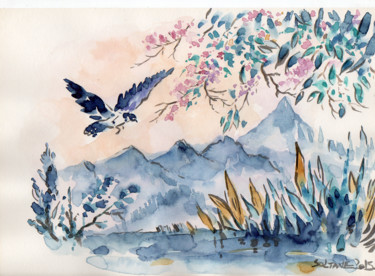 Peinture intitulée "Oiseau  au dessus d…" par Hocine Soltane, Œuvre d'art originale, Aquarelle