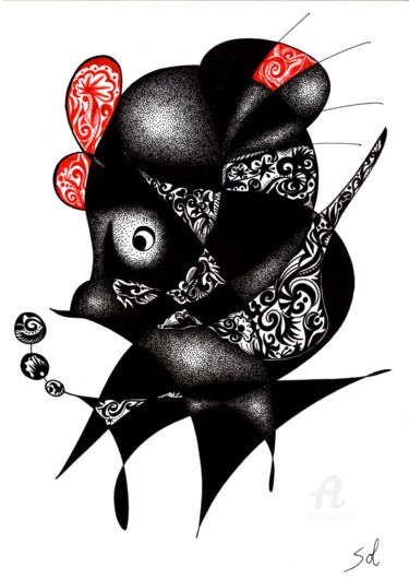 Tekening getiteld "Un panda en vacances" door Solveig Marty "Sol", Origineel Kunstwerk, Inkt
