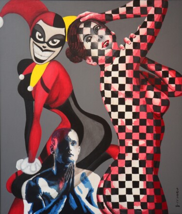 Painting titled "The Joker and the c…" by Sonaly Gandhi, Original Artwork, Acrylic Mounted on Wood Stretcher frame