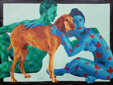 Painting titled "Couple and Dog 2" by Sonaly Gandhi, Original Artwork, Acrylic