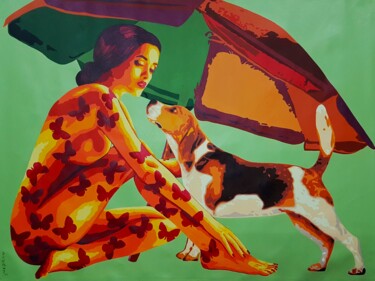 Painting titled "Lady, dog and beach…" by Sonaly Gandhi, Original Artwork, Acrylic