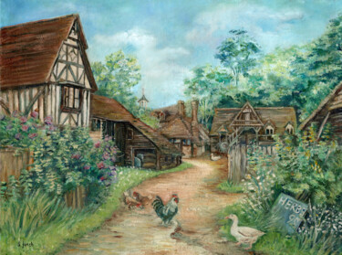 Pintura intitulada "Farmyard, Near Smar…" por Sonia Finch, Obras de arte originais, Óleo Montado em Cartão