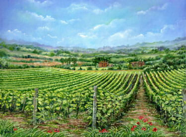Peinture intitulée "A Kentish Vineyard" par Sonia Finch, Œuvre d'art originale, Huile Monté sur Carton