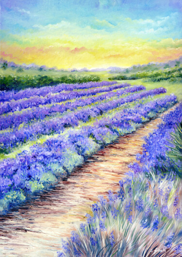 Painting titled "Lavender Fields of…" by Sonia Finch, Original Artwork, Oil Mounted on Wood Stretcher frame