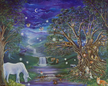 Painting titled "The Fairy Tree" by Sonia Finch, Original Artwork, Oil Mounted on Wood Stretcher frame