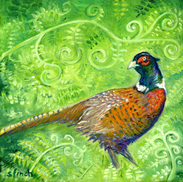 Painting titled "Spirit of Pheasant" by Sonia Finch, Original Artwork, Oil Mounted on Wood Stretcher frame